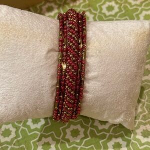 Red & Gold Beaded Bangle 5-Piece Bracelet Set – 20 cm – Boho Glam Stack NEW
